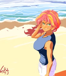 Size: 900x1030 | Tagged: safe, artist:sozglitch, imported from derpibooru, sunset shimmer, equestria girls, beach, breasts, busty sunset shimmer, female, looking at you, smiling, solo, wave, windswept hair