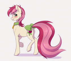 Size: 2244x1937 | Tagged: safe, artist:barlerd, imported from derpibooru, roseluck, earth pony, pony, blushing, bow, collar, commission, commissioner:doom9454, cute, cuteluck, female, long tail, mare, pet tag, pony pet, rosabetes, rosepet, simple background, smiling, solo, tail bow, white background
