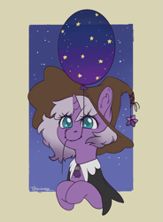 Size: 2181x2956 | Tagged: safe, artist:taytinabelle, imported from derpibooru, oc, oc only, oc:witching hour, pony, unicorn, balloon, cloak, clothes, cute, ear fluff, female, happy, hat, hooves to the chest, mare, mouth hold, night, sky, smiling, solo, starry night, stars, witch, witch hat, wizard hat