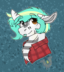 Size: 1479x1666 | Tagged: safe, artist:rokosmith26, imported from derpibooru, oc, oc only, oc:rokosmith, pegasus, pony, bust, clothes, female, flannel, floppy ears, heterochromia, looking up, mare, markings, shirt, simple background, smiling, solo, tongue out, tribal markings