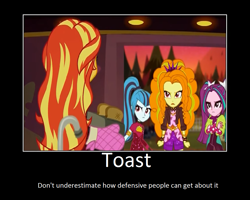 Size: 1075x860 | Tagged: safe, artist:thejboy88, edit, edited screencap, editor:applejackfan204, imported from derpibooru, screencap, adagio dazzle, aria blaze, sonata dusk, sunset shimmer, equestria girls, equestria girls series, sunset's backstage pass!, spoiler:eqg series (season 2), bread, food, motivational poster, the dazzlings, toast, toaster