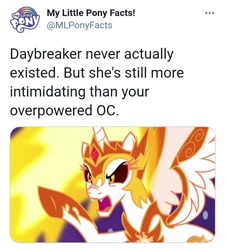 Size: 717x795 | Tagged: safe, imported from derpibooru, daybreaker, a royal problem, meta, my little pony facts, text, twitter, twitter link