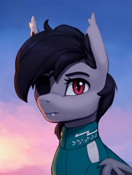 Size: 2781x3669 | Tagged: safe, artist:mrscroup, imported from derpibooru, oc, oc only, oc:falling star, bat pony, pony, clothes, eyepatch, solo, uniform