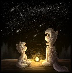 Size: 2079x2086 | Tagged: safe, artist:atlas-66, imported from derpibooru, rosy posy, sunshower raindrops, earth pony, pegasus, pony, duo, female, filly, lamp, light, mare, shooting star, stars, watching
