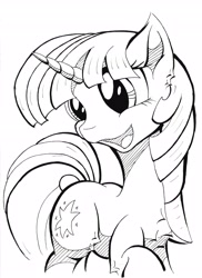 Size: 3429x4710 | Tagged: safe, artist:itchystomach, imported from derpibooru, twilight sparkle, pony, unicorn, absurd resolution, black and white, chest fluff, female, grayscale, happy, hatching (technique), lineart, mare, monochrome, open mouth, open smile, raised hoof, sharpie, simple background, smiling, solo, traditional art, turned head, unicorn twilight, white background