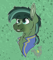 Size: 1479x1666 | Tagged: safe, artist:rokosmith26, imported from derpibooru, oc, oc only, earth pony, pony, blaze (coat marking), bust, chest fluff, clothes, coat markings, facial markings, green eyes, looking up, male, ponytail, shirt, simple background, smiling, solo, stallion