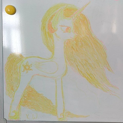 Size: 689x688 | Tagged: safe, artist:kody wiremane, imported from derpibooru, princess celestia, alicorn, cropped, cutie mark, ethereal mane, ethereal tail, hoof shoes, horn, incorrect color scheme, irl, low quality, mane, photo, tail, traditional art, whiteboard, wings