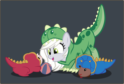 Size: 2500x1699 | Tagged: safe, artist:magerblutooth, imported from derpibooru, oc, oc only, oc:fossil fluster, earth pony, pony, animal costume, animal onesie, ball, clothes, costume, dinosaur costume, guinea pig, kigurumi, onesie, pets, simple background