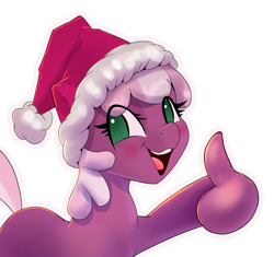 Size: 1388x1302 | Tagged: safe, artist:xbi, imported from derpibooru, cheerilee, earth pony, pony, christmas, hat, holiday, hoof fingers, looking at you, reaction image, santa hat, simple background, smiling, solo, sticker, suddenly hands, thumbs up, transparent background