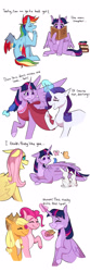 Size: 1280x3840 | Tagged: safe, artist:primrosepaper, imported from derpibooru, applejack, fluttershy, pinkie pie, rainbow dash, rarity, twilight sparkle, alicorn, bird, butterfly, earth pony, pegasus, pony, rabbit, unicorn, animal, apple fritter (food), book, brush, brushing mane, clothes, comic, dress, female, food, glowing horn, hairbrush, horn, jewelry, lesbian, mane six, necklace, omniship, pale belly, polyamory, reading, shipping, that pony sure does love books, twilight sparkle (alicorn)