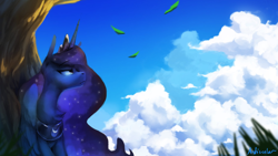 Size: 2560x1440 | Tagged: safe, artist:anticular, imported from derpibooru, princess luna, alicorn, pony, cloud, female, mare, sky, solo, tree