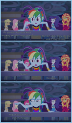 Size: 820x1390 | Tagged: safe, edit, edited screencap, editor:knightoftheraven, editor:roseluck, imported from derpibooru, screencap, applejack, fluttershy, pinkie pie, rainbow dash, rarity, sunset shimmer, human, equestria girls, equestria girls series, spring breakdown, spoiler:eqg series (season 2), 3 panel comic, alternate hairstyle, bracelet, braid, closed mouth, clothes, cloud, cloudy, comic, dialogue, dress, english, eyebrows down, female, frown, geode of super speed, gritted teeth, guilt, guilty, humane five, implied adagio dazzle, implied sonata dusk, jewelry, magical geodes, open mouth, ponytail, railing, raised arm, raised hand, screencap comic, sequins, sleeveless, sleeveless dress, so close, stormcloud, sympathy for the devil, worried, worry, yacht