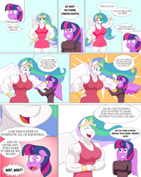 Size: 3840x4832 | Tagged: safe, artist:matchstickman, imported from derpibooru, princess celestia, twilight sparkle, alicorn, anthro, abs, armpits, biceps, breasts, busty princess celestia, busty twilight sparkle, clothes, comic, commission, deltoids, dialogue, ethereal mane, female, flexing, mare, multicolored background, muscles, princess musclestia, speech bubble, spread wings, starry eyes, trollestia, twilight sparkle (alicorn), wingboner, wingding eyes, wings