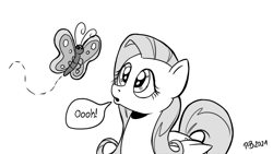 Size: 1200x675 | Tagged: safe, artist:pony-berserker, imported from derpibooru, fluttershy, butterfly, pegasus, pony, halftone, ooh, pony-berserker's twitter sketches, solo, stippling