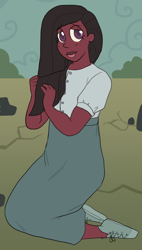 Size: 682x1200 | Tagged: safe, artist:greenarsonist, imported from derpibooru, marble pie, human, cis, cis girl, clothes, dark skin, humanized, kneeling, long hair, natural eye color, natural hair color, rock farm, shy, skirt, smiling, solo, straight hair