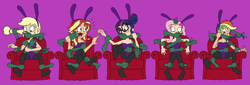 Size: 2538x864 | Tagged: safe, artist:bugssonicx, imported from derpibooru, applejack, fluttershy, rainbow dash, sci-twi, sunset shimmer, twilight sparkle, equestria girls, armchair, biting, bunny ears, bunny suit, chair, clothes, costume, gagging, ghostbusters, human coloration, leotard, pantyhose, rainbond dash, restrained, stocking feet