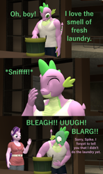 Size: 1920x3240 | Tagged: safe, artist:papadragon69, imported from derpibooru, spike, starlight glimmer, anthro, dragon, unicorn, 3d, duo, female, funny, gagging, gigachad spike, green face, humor, laundry, male, older, older spike, oops, sniffing, sock, source filmmaker