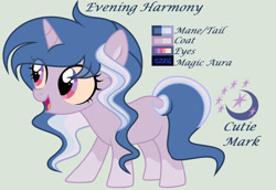 Size: 1280x881 | Tagged: safe, artist:lominicinfinity, imported from derpibooru, oc, oc only, oc:evening harmony, pony, unicorn, female, filly, reference sheet, simple background, solo