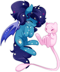 Size: 1024x1239 | Tagged: safe, artist:loyaldis, imported from derpibooru, oc, oc:eclipsa, oc:eclipsia, bat pony, mew, bat pony oc, bat wings, blushing, cute, ethereal mane, female, floating, giggling, moon, pokémon, simple background, smiling, starry mane, stars, transparent background, wings