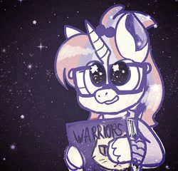 Size: 1080x1036 | Tagged: safe, artist:kusochekcat, imported from derpibooru, moondancer, pony, unicorn, book, holding, solo, space, starry eyes, stars, warrior cats, wingding eyes