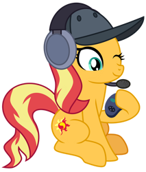 Size: 1024x1204 | Tagged: safe, artist:emeraldblast63, imported from derpibooru, sunset shimmer, pony, backwards cutie mark, cute, gamer, handheld, hat, headset, shimmerbetes, simple background, sitting, solo, transparent background