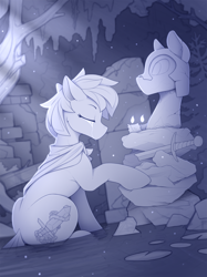 Size: 1700x2277 | Tagged: safe, artist:yakovlev-vad, imported from derpibooru, oc, oc only, pony, bust, candle, crying, eyes closed, grayscale, monochrome, sad, sitting, slim, solo, statue, sword, tree, weapon