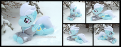 Size: 4485x1754 | Tagged: safe, artist:peruserofpieces, imported from derpibooru, fleetfoot, pegasus, pony, beanie (plushie), clothes, epic get, female, irl, jacket, lying down, mare, photo, plushie, prone, smiling, snow, solo, sploot, tree, warmup suit, wings