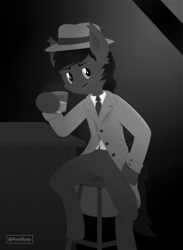 Size: 2037x2784 | Tagged: safe, imported from derpibooru, anthro, pony, black and white, clean, dark, dark skin, design, draw, drink, elegant, flat, grayscale, hat, illustration, monochrome, noir, overcoat, pub, vector, without lineart