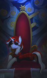 Size: 2666x4410 | Tagged: safe, artist:alicetriestodraw, imported from derpibooru, oc, oc only, pony, unicorn, armor, canterlot throne room, illustration, lying down, solo, stained glass, throne