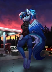 Size: 1439x2000 | Tagged: safe, artist:lightly-san, imported from derpibooru, oc, oc only, oc:hawker typhoon, anthro, pegasus, unguligrade anthro, car, chrysler, clothes, evening, feathered wings, female, gas station, implied wing hole, jacket, jeans, looking at you, pants, solo, solo female, sunglasses, wings