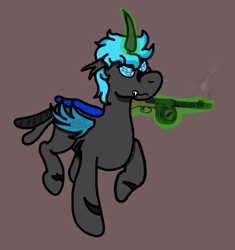 Size: 756x803 | Tagged: safe, artist:loshad the bughorse, artist:un simple tio, imported from derpibooru, oc, oc only, oc:loshad, changeling, hybrid, pegasus, angry, black fur, blue eyes, blue wings, brown background, changeling oc, compound eyes, fangs, gun, gunsmoke, horn, magic, magic aura, male, ppsh-41, scar, scarred, simple background, smoke, solo, submachinegun, weapon, wings