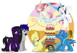 Size: 1200x823 | Tagged: safe, artist:jennieoo, imported from derpibooru, surprise, oc, oc:andrewmeda, oc:gentle star, oc:maverick, oc:milky way, oc:milky way (sodadrinker11), oc:ocean soul, oc:peanut medley, earth pony, pegasus, pony, cake, cute, food, gift art, happy, happy birthday, jewelry, necklace, ocbetes, party, present, presenting, show accurate, smiling, surprise party