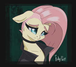 Size: 1280x1138 | Tagged: safe, artist:inkypuso, imported from derpibooru, fluttershy, pony, bushy brows, bust, choker, chokershy, clothes, female, floppy ears, grunge, head tilt, looking away, mare, portrait, shaved mane, signature, solo, stray strand, three quarter view