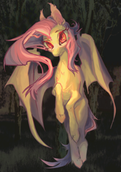 Size: 1280x1817 | Tagged: safe, artist:bryopsida, imported from derpibooru, fluttershy, bat pony, pony, bat ponified, bat wings, chest fluff, ear tufts, female, flutterbat, looking at you, mare, messy mane, night, race swap, red eyes, solo, spread wings, unshorn fetlocks, wings