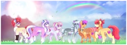 Size: 4096x1477 | Tagged: safe, artist:aaa-its-spook, imported from derpibooru, apple bloom, diamond tiara, scootaloo, silver spoon, sweetie belle, twist, earth pony, pegasus, pony, unicorn, clothes, cutie mark crusaders, glasses, goggles, grin, jewelry, necklace, older, older apple bloom, older diamond tiara, older scootaloo, older silver spoon, older sweetie belle, older twist, rainbow, shawl, smiling, sms