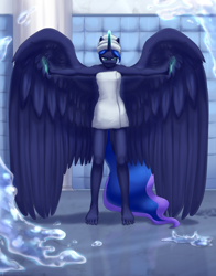 Size: 2700x3450 | Tagged: safe, artist:tigra0118, imported from derpibooru, imported from ponybooru, princess luna, alicorn, anthro, plantigrade anthro, angry, barefoot, bathroom, digital art, feet, female, glowing hands, glowing horn, high res, horn, large wings, looking at you, magic, magic aura, redraw, shower, solo, telekinesis, towel, water, wings