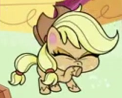 Size: 640x516 | Tagged: safe, imported from derpibooru, screencap, applejack, earth pony, pony, my little pony: pony life, sick day, applejack's hat, coughing, covering, cowboy hat, cropped, eyes closed, female, g4.5, hat, pony life, solo, sugarcube corner