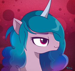 Size: 2840x2691 | Tagged: safe, artist:felux, imported from derpibooru, izzy moonbow, pony, unicorn, spoiler:g5, abstract background, female, g5, high res, izzy, mare, signature, solo, that was fast