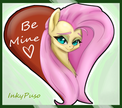 Size: 1280x1138 | Tagged: safe, artist:inkypuso, imported from derpibooru, fluttershy, pony, be mine, bushy brows, bust, chest fluff, cute, female, heart, holiday, looking at you, mare, outline, portrait, shyabetes, smiling, solo, stray strand, three quarter view, valentine's day, white outline
