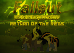 Size: 4093x2894 | Tagged: safe, artist:coreboot, artist:kpvt, imported from derpibooru, oc, oc:blackjack, oc:commissar junior, oc:littlepip, pegasus, pony, unicorn, fallout equestria, fallout equestria: project horizons, background, fallout equestria: return of the reds, fanfic art, forest background, goggles, helicopter, lightning, mil mi-6, overcast, pipbuck