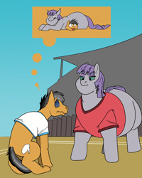 Size: 1170x1465 | Tagged: safe, artist:monterrang, imported from derpibooru, maud pie, quibble pants, earth pony, pony, tumblr:ask fat maud pie, common ground, duo male and female, fat, female, male, mare, maud pudge, obese, sitting on, sitting on person, sitting on pony, stallion, thought bubble, worried