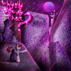 Size: 3000x3000 | Tagged: safe, alternate version, artist:menalia, imported from derpibooru, oc, oc only, oc:velly, unnamed oc, earth pony, pony, aesthetics, city, clothes, crying, falling, female, mare, night, pants, rain, sad, shirt, shoes, stars, suicide, sun, t-shirt, text