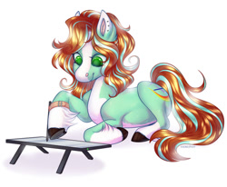 Size: 1024x842 | Tagged: safe, artist:sadelinav, imported from derpibooru, oc, oc only, earth pony, pony, blaze (coat marking), coat markings, facial markings, female, hoof strap, lying down, mare, pale belly, pencil, prone, simple background, socks (coat marking), socks (coat markings), solo, white background