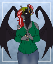 Size: 2400x2900 | Tagged: safe, artist:hasana-chan, imported from derpibooru, imported from ponybooru, oc, oc only, oc:caroline grind, anthro, bat pony, unguligrade anthro, anthro oc, bat pony oc, bat wings, beauty mark, clothes, coffee, commission, digital art, ear piercing, earring, fangs, female, grandmother, hair bun, jewelry, mare, pants, piercing, pondering, sad, shirt, signature, slit eyes, slit pupils, wings