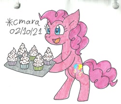 Size: 1036x888 | Tagged: safe, artist:cmara, imported from derpibooru, pinkie pie, earth pony, pony, bipedal, cupcake, female, food, hoof hold, mare, open mouth, raised hoof, simple background, solo, traditional art, tray, white background