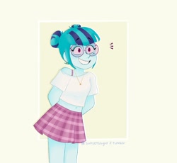 Size: 1280x1178 | Tagged: safe, artist:sunsetslight, imported from derpibooru, sonata dusk, equestria girls, adorkable, alternate hairstyle, clothes, cute, dork, ear piercing, earring, female, glasses, hair bun, hands behind back, jewelry, mole, piercing, skirt, smiling, solo, sonatabetes