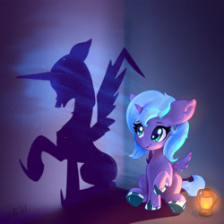 Size: 3696x3696 | Tagged: safe, artist:xbi, imported from derpibooru, nightmare moon, princess luna, alicorn, pony, chest fluff, cute, duality, ear fluff, fangs, feathered wings, female, filly, filly luna, floppy ears, foreshadowing, glow, glowing, high res, hoof shoes, lantern, lunabetes, mare, open mouth, raised hoof, shadow, silhouette, sitting, smiling, solo, sparkles, spread wings, star wars in the comments, tabun art-battle finished after, wings, woona, younger