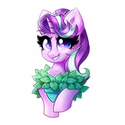 Size: 2500x2500 | Tagged: safe, artist:confetticakez, imported from derpibooru, phyllis, starlight glimmer, pony, unicorn, bust, chest fluff, cute, ear fluff, female, glimmerbetes, high res, mare, philodendron, potted plant, smiling, solo