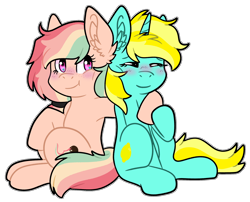 Size: 2124x1714 | Tagged: safe, artist:yourpennypal, imported from derpibooru, oc, oc only, oc:lemondime, oc:penny, earth pony, pony, unicorn, arm around neck, blushing, duo, hoof around neck, png, sitting