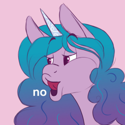 Size: 300x300 | Tagged: safe, artist:anonymous, imported from derpibooru, izzy moonbow, pony, unicorn, spoiler:g5, bugs bunny's no, female, g5, izzy, mare, meme, no, pink background, ponified meme, simple background, solo, text